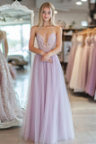 Viola chiaro una linea di tulle Spaghetti Straps Prom Dress con pizzo