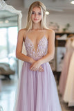 Viola chiaro una linea di tulle Spaghetti Straps Prom Dress con pizzo