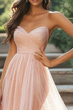 Chic Blush Sweetheart A-Line increspato tulle lungo abito da ballo con fessura