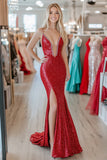 Chic rosso con scollo a V sirena paillettes lungo abito da ballo con fessura