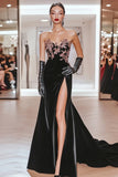 Chic nero Sweetheart sirena Applique raso lungo Prom Dress con fessura