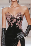 Chic nero Sweetheart sirena Applique raso lungo Prom Dress con fessura
