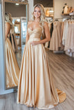 Chic Gold Sweetheart A-Line increspato raso lungo Prom Dress