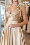 Chic Gold Sweetheart A-Line increspato raso lungo Prom Dress