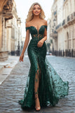 Chia verde scuro Off the Shoulder Mermaid paillettes lungo Prom Dress con ricamo