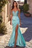 Sexy blu Sweetheart guaina in rilievo raso lungo abito da ballo con fessura