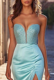 Sexy blu Sweetheart guaina in rilievo raso lungo abito da ballo con fessura