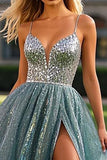 Dusty Blue A Line senza maniche in tulle con perline Abito da ballo lungo