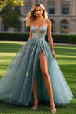 Dusty Blue A Line senza maniche in tulle con perline Abito da ballo lungo