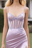 Lilla Spaghetti Straps Guaina Increspato Abito lungo da ballo con fessura