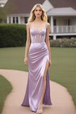 Lilla Spaghetti Straps Guaina Increspato Abito lungo da ballo con fessura