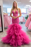 Fucsia Fish Flare V-Neck Tulle Prom Dress