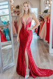 Sirena rossa profondo scollo a V paillettes perline Prom Dress