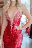 Sirena rossa profondo scollo a V paillettes perline Prom Dress