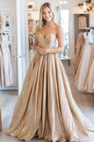 A Line Gold senza spalline metallizzato Satin Prom Dress
