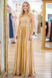 Paillettes Oro A Line Scoop Neck Metallic Satin Prom Dress