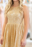 Paillettes Oro A Line Scoop Neck Metallic Satin Prom Dress