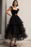 Tulle nero Spaghetti Straps A Line Abito formale