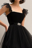 Tulle nero Spaghetti Straps A Line Abito formale