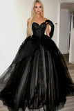 Scintillante nero Sweetheart principessa tulle lungo abito da ballo con appliques