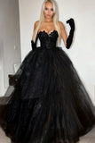 Scintillante nero Ball Gown senza spalline volant tulle lungo Prom Dress