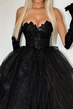 Scintillante nero Ball Gown senza spalline volant tulle lungo Prom Dress