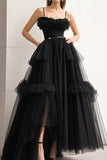 Nero A Line Spaghetti Straps Ruffles Tulle Abito Lungo Prom