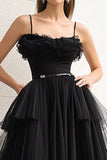 Nero A Line Spaghetti Straps Ruffles Tulle Abito Lungo Prom