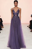 Grigio Viola Abito Di Gala In Tulle Con Scollo A V A Line Plissettato