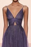 Grigio Viola Abito Di Gala In Tulle Con Scollo A V A Line Plissettato