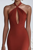 Halter Terracotta Chiffon Increspature Guaina Abito Gala Rosso
