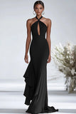 Halter Terracotta Chiffon Increspature Guaina Abito Gala Rosso