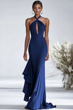 Halter Terracotta Chiffon Increspature Guaina Abito Gala Rosso