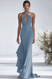 Halter Terracotta Chiffon Increspature Guaina Abito Gala Rosso