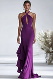 Halter Terracotta Chiffon Increspature Guaina Abito Gala Rosso