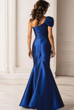 Blu scuro sirena raso monospalla militare ballo vestito