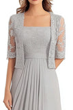 Pizzo Appliques Argento Collo Quadrato 2 pezzi Mezze Maniche Madre del Vestito Da Sposa