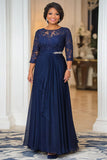Elegante Navy A Line Boat Neck Chiffon Lungo Madre Del Vestito Della Sposa con Appliques In Pizzo