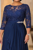Elegante Navy A Line Boat Neck Chiffon Lungo Madre Del Vestito Della Sposa con Appliques In Pizzo