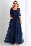 Elegante Navy A Line Scollo A Barca Chiffon Pizzo Applique Lungo Madre Del Vestito Della Sposa con Maniche A 3/4