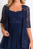 Elegante Navy A Line Scollo A Barca Chiffon Pizzo Applique Lungo Madre Del Vestito Della Sposa con Maniche A 3/4