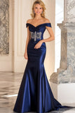 Elegante Navy Off the Spalla Mermaid Satin Lungo Madre Dell'abito Da Sposa con Ricamo