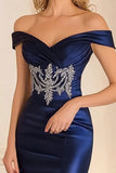 Elegante Navy Off the Spalla Mermaid Satin Lungo Madre Dell'abito Da Sposa con Ricamo