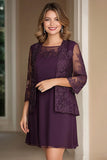 Elegante Plum Pencil Boat Neck Chiffon Lungo Madre Del Vestito Della Sposa Con Appliques In Pizzo