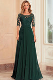 Elegante verde scuro A-Line scollo a barca chiffon lungo madre dell'abito da sposa con applicazioni in pizzo