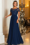 Navy A-Line Scollo A Barca Pizzo Appliques Chiffon Lungo Madre Della Sposa Abito Con Maniche Corte