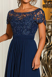 Navy A-Line Scollo A Barca Pizzo Appliques Chiffon Lungo Madre Della Sposa Abito Con Maniche Corte