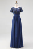 Blu navy linea ad A abito lungo per la madre della sposa in chiffon con applicazioni