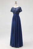Blu navy linea ad A abito lungo per la madre della sposa in chiffon con applicazioni