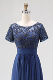 Blu navy linea ad A abito lungo per la madre della sposa in chiffon con applicazioni